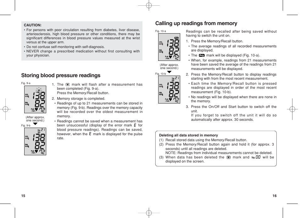 Storing blood pressure readings, Calling up readings from memory | Panasonic EW3003 User Manual | Page 9 / 11