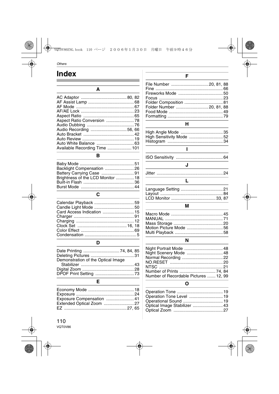 Index | Panasonic DMC-FX01 User Manual | Page 110 / 116