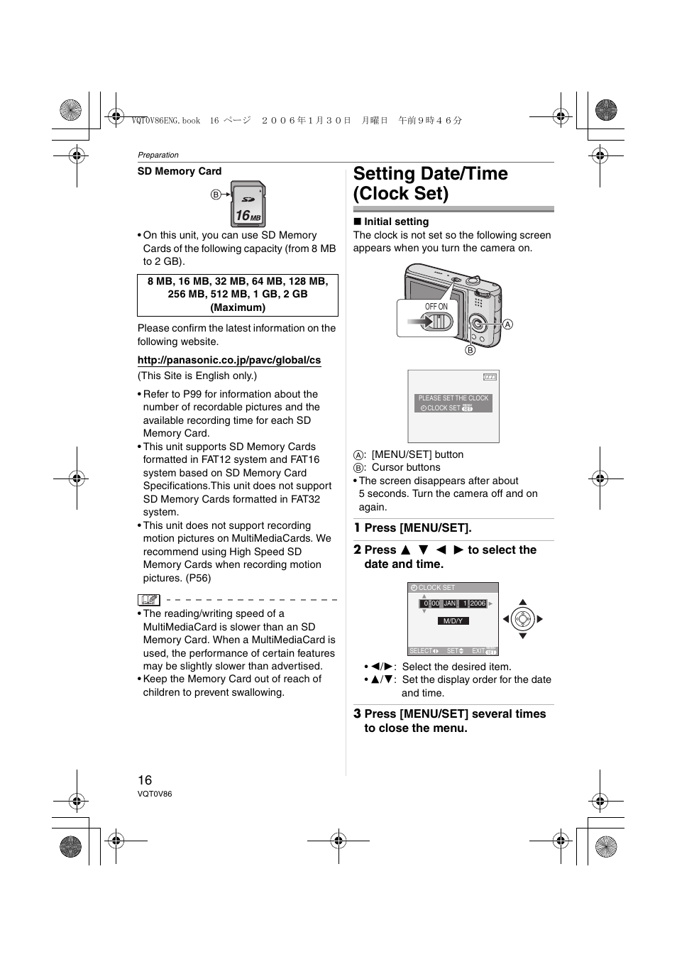 Setting date/time (clock set) | Panasonic DMC-FX01 User Manual | Page 16 / 116