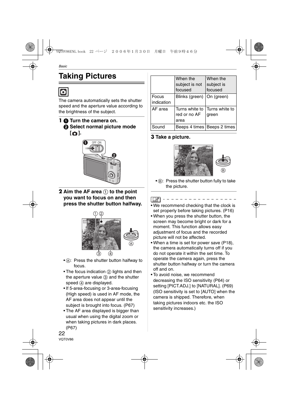 Basic, Taking pictures | Panasonic DMC-FX01 User Manual | Page 22 / 116