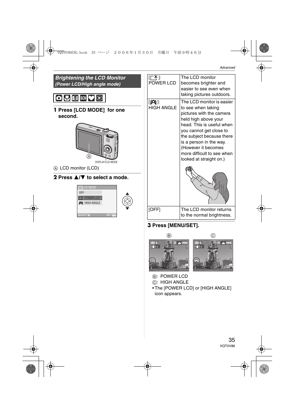 1 press [lcd mode] for one second, 2 press 3 / 4 to select a mode. 3 press [menu/set, Brightening the lcd monitor | Panasonic DMC-FX01 User Manual | Page 35 / 116