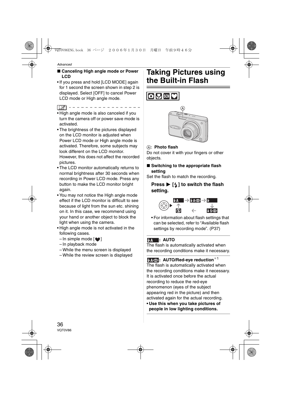 Taking pictures using the built-in flash | Panasonic DMC-FX01 User Manual | Page 36 / 116