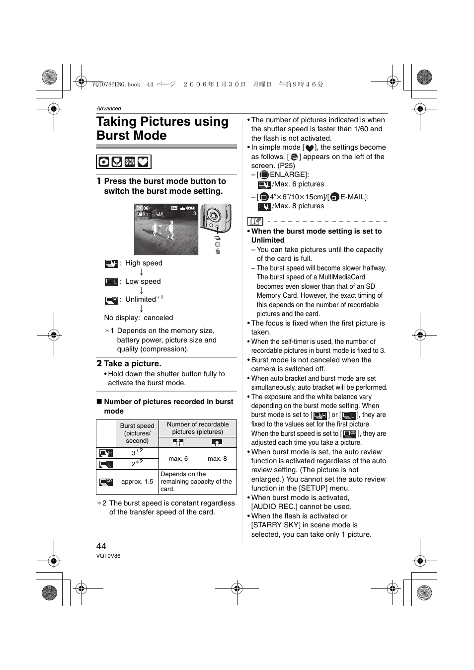 Taking pictures using burst mode | Panasonic DMC-FX01 User Manual | Page 44 / 116