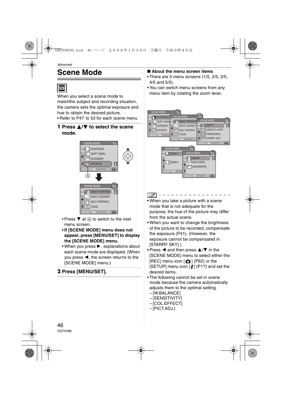 Scene mode, 1 press 3 / 4 to select the scene mode, 2 press [menu/set | Panasonic DMC-FX01 User Manual | Page 46 / 116