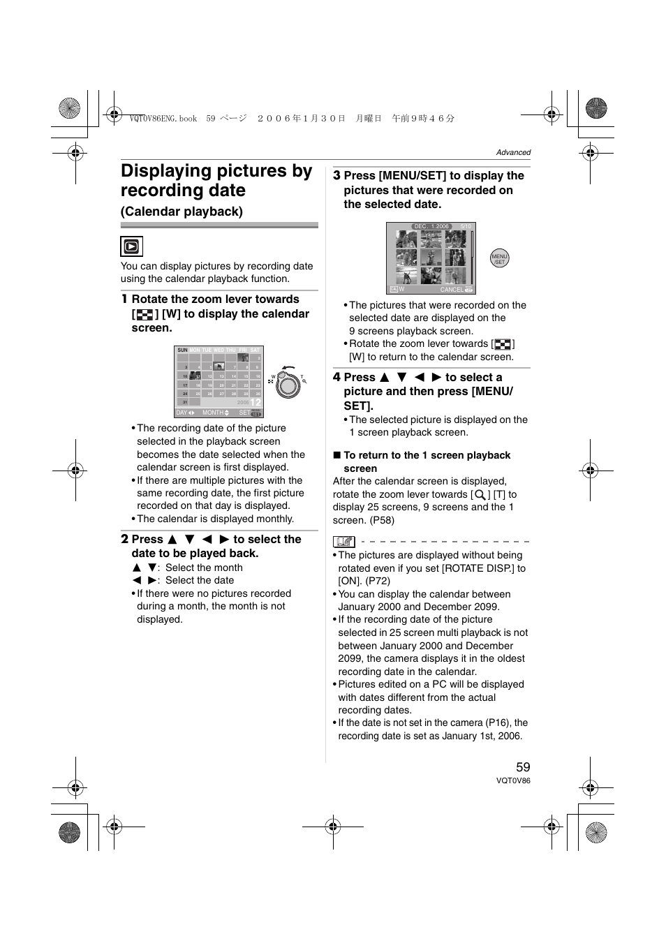 Displaying pictures by recording date, Calendar playback) | Panasonic DMC-FX01 User Manual | Page 59 / 116