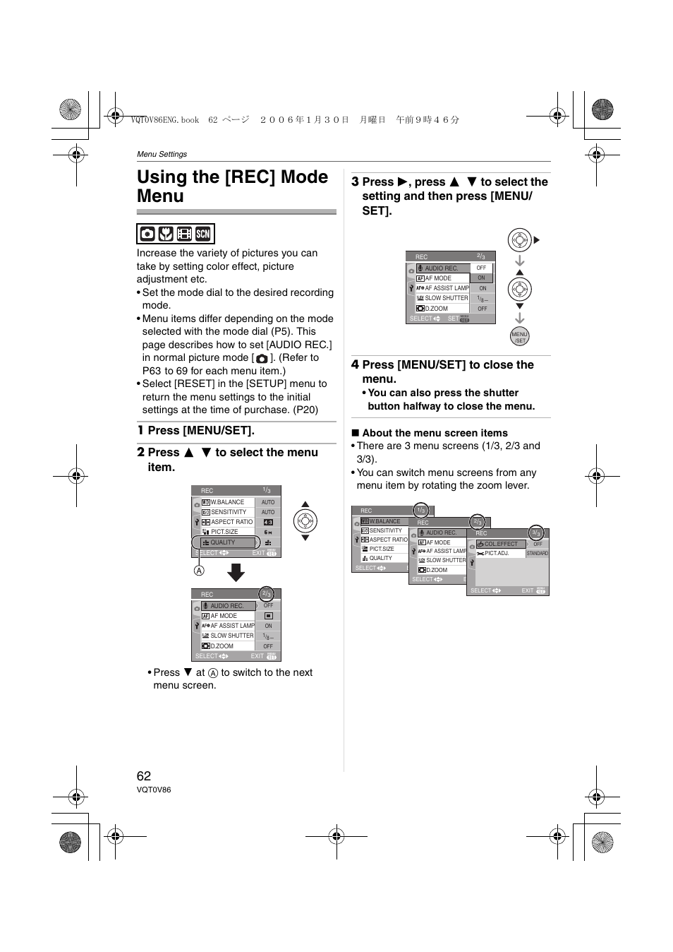 Menu settings, Using the [rec] mode menu, Press 4 at a to switch to the next menu screen | Panasonic DMC-FX01 User Manual | Page 62 / 116