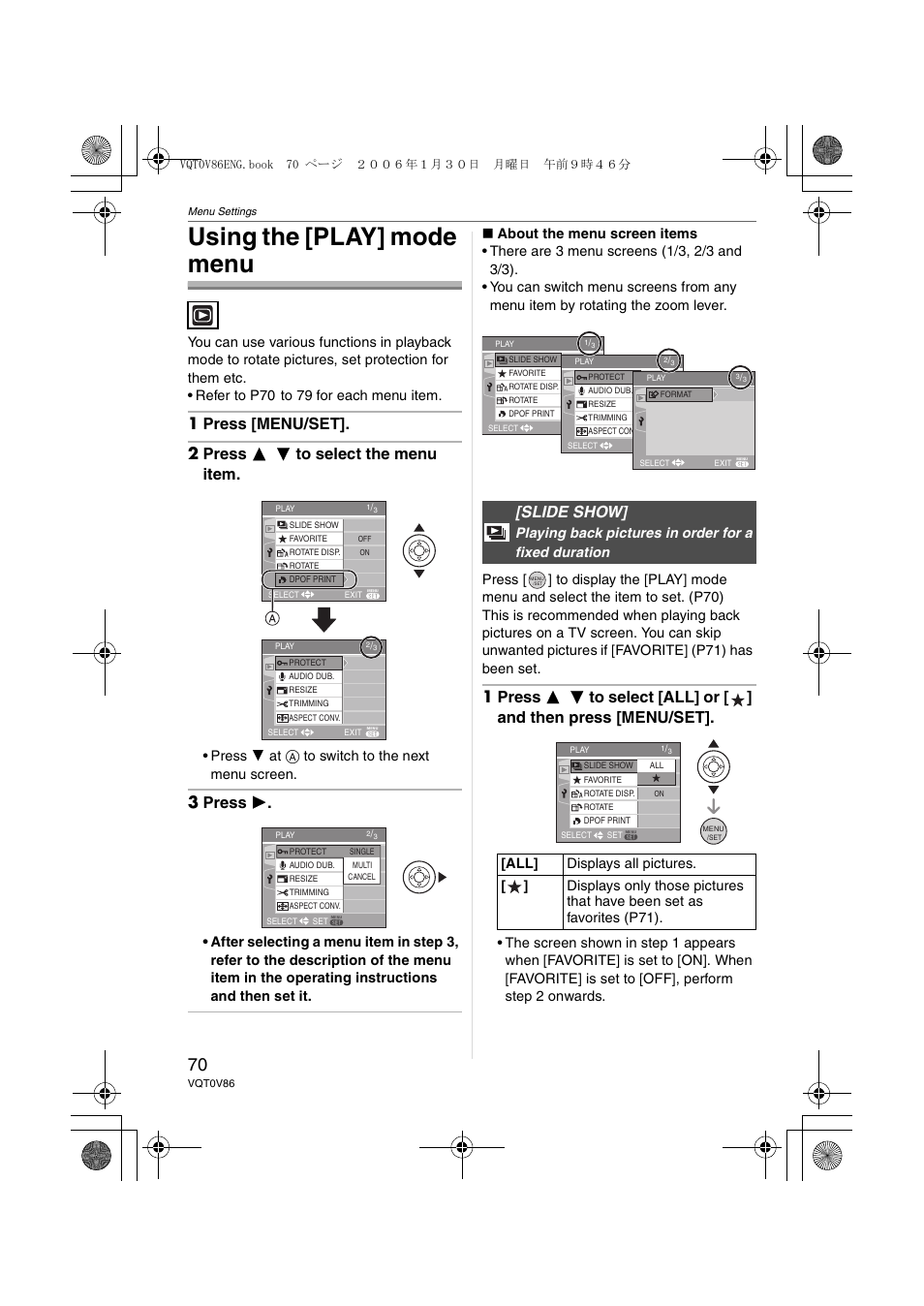 Using the [play] mode menu, 3 press 1, Slide show | Press 4 at a to switch to the next menu screen | Panasonic DMC-FX01 User Manual | Page 70 / 116