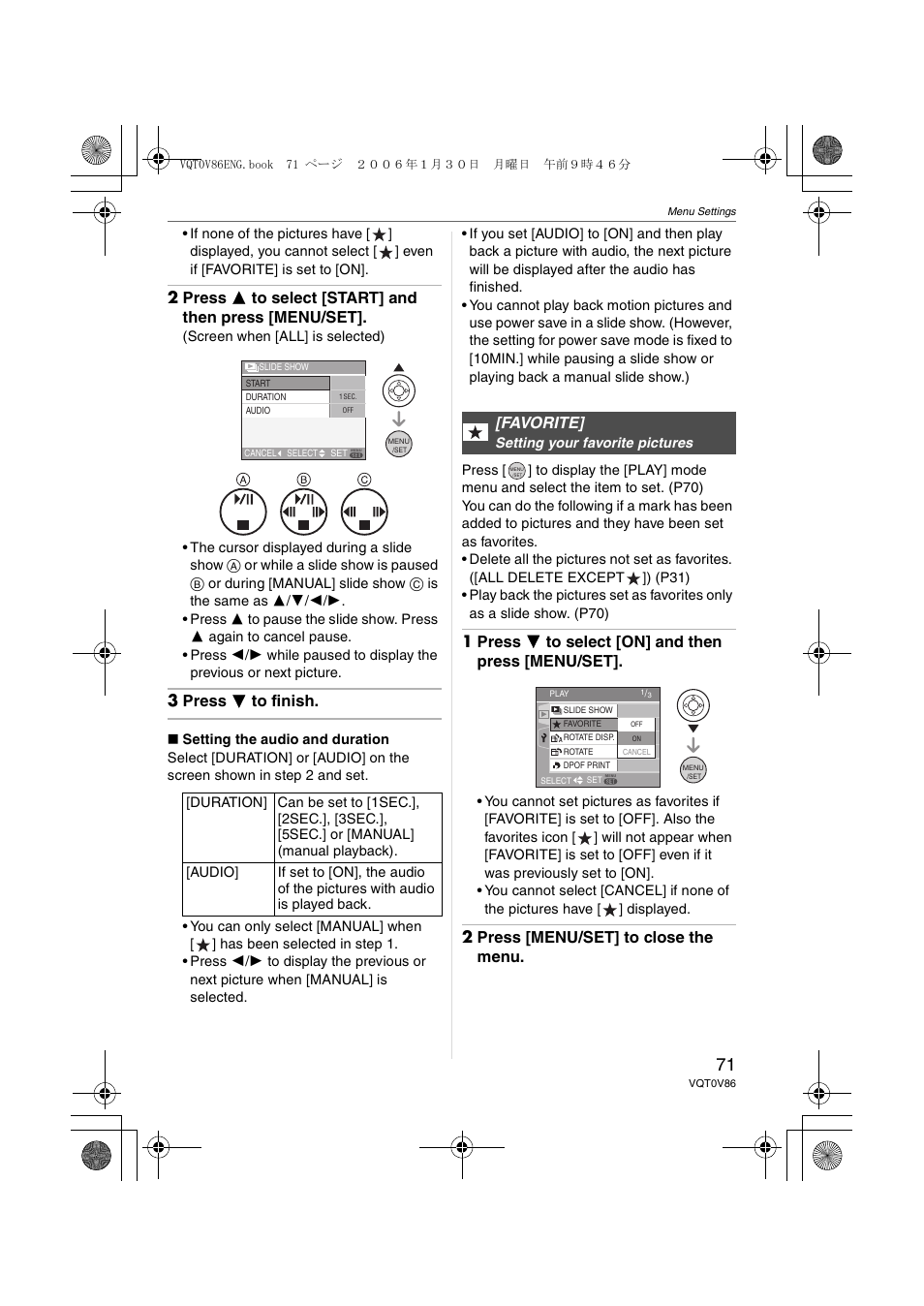 3 press 4 to finish, 1 press 4 to select [on] and then press [menu/set, 2 press [menu/set] to close the menu | Favorite | Panasonic DMC-FX01 User Manual | Page 71 / 116