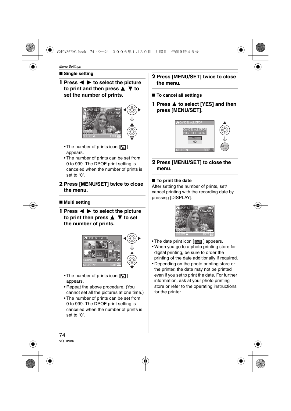 2 press [menu/set] twice to close the menu | Panasonic DMC-FX01 User Manual | Page 74 / 116