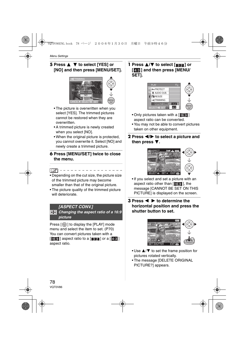 6 press [menu/set] twice to close the menu, 2 press 2 / 1 to select a picture and then press 4, Aspect conv | Panasonic DMC-FX01 User Manual | Page 78 / 116