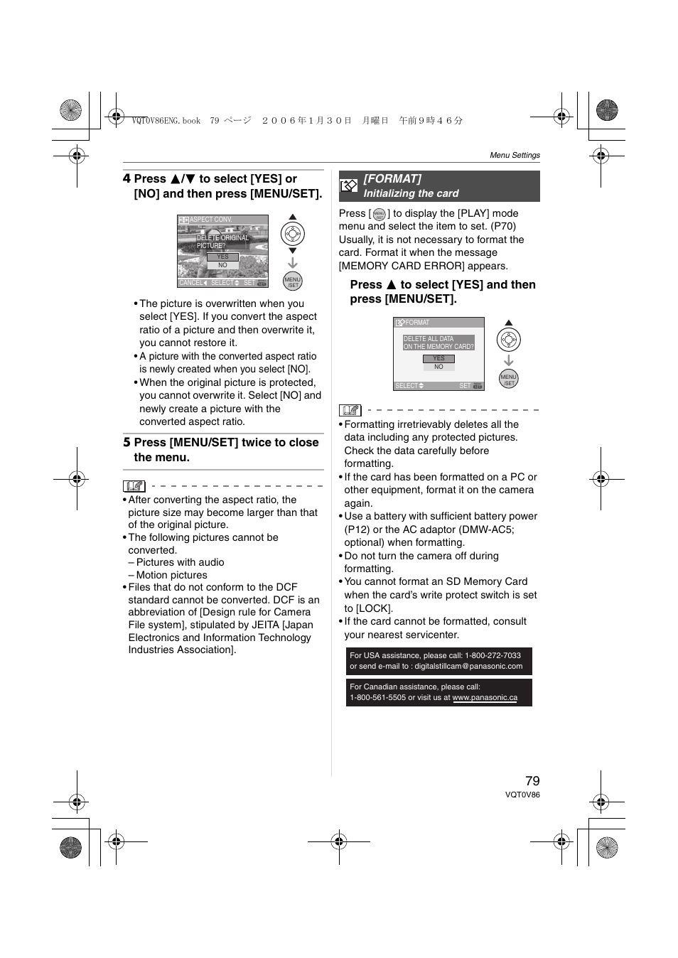 5 press [menu/set] twice to close the menu, Press 3 to select [yes] and then press [menu/set, Format | Panasonic DMC-FX01 User Manual | Page 79 / 116