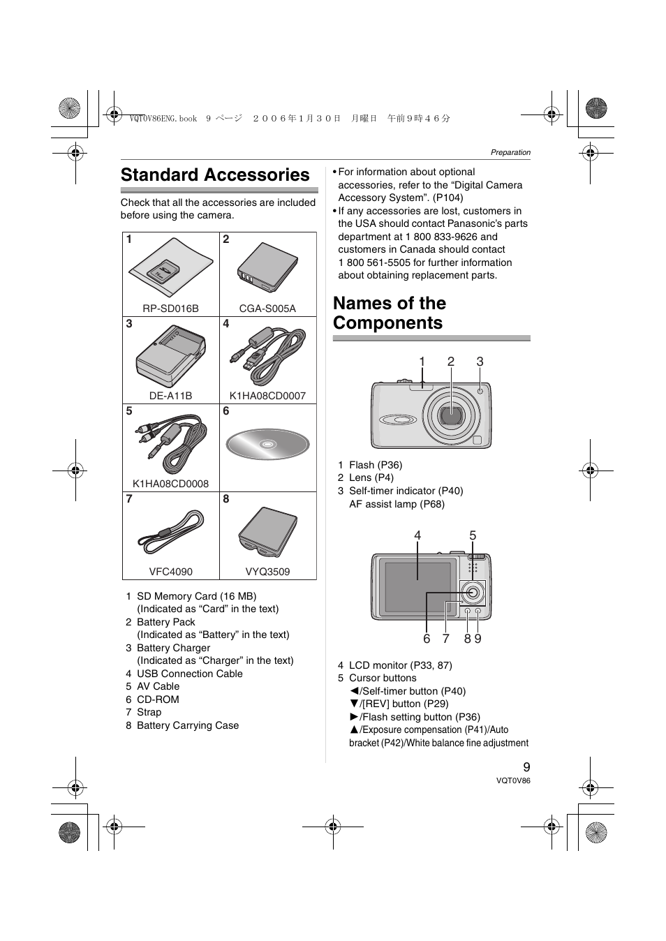 Preparation, Standard accessories, Names of the components | Panasonic DMC-FX01 User Manual | Page 9 / 116