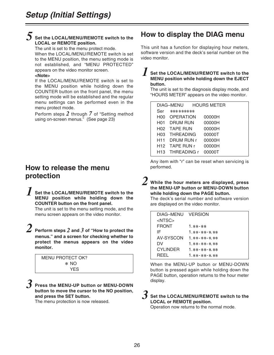 Setup (initial settings), How to display the diag menu, How to release the menu protection | Panasonic AJ- DCP User Manual | Page 26 / 44