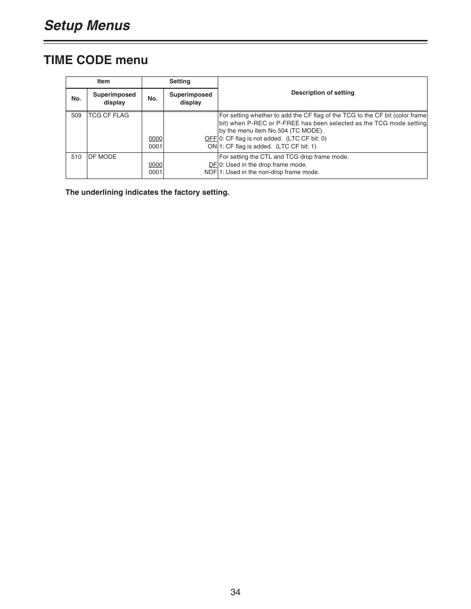 Setup menus, Time code menu | Panasonic AJ- DCP User Manual | Page 34 / 44