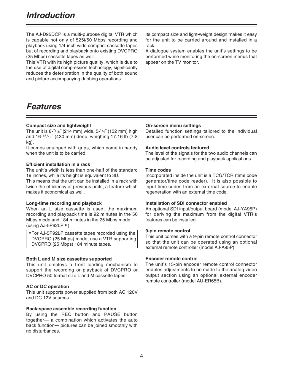 Introduction, Features | Panasonic AJ- DCP User Manual | Page 4 / 44
