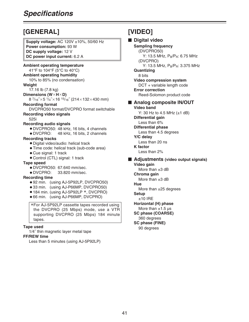 Specifications, General, Video | Panasonic AJ- DCP User Manual | Page 41 / 44