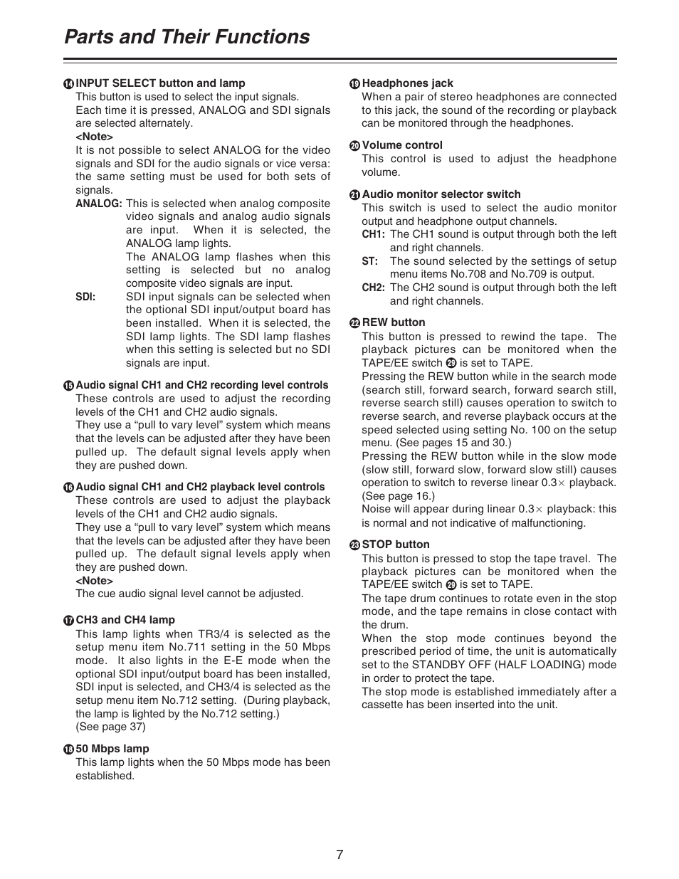 Parts and their functions | Panasonic AJ- DCP User Manual | Page 7 / 44