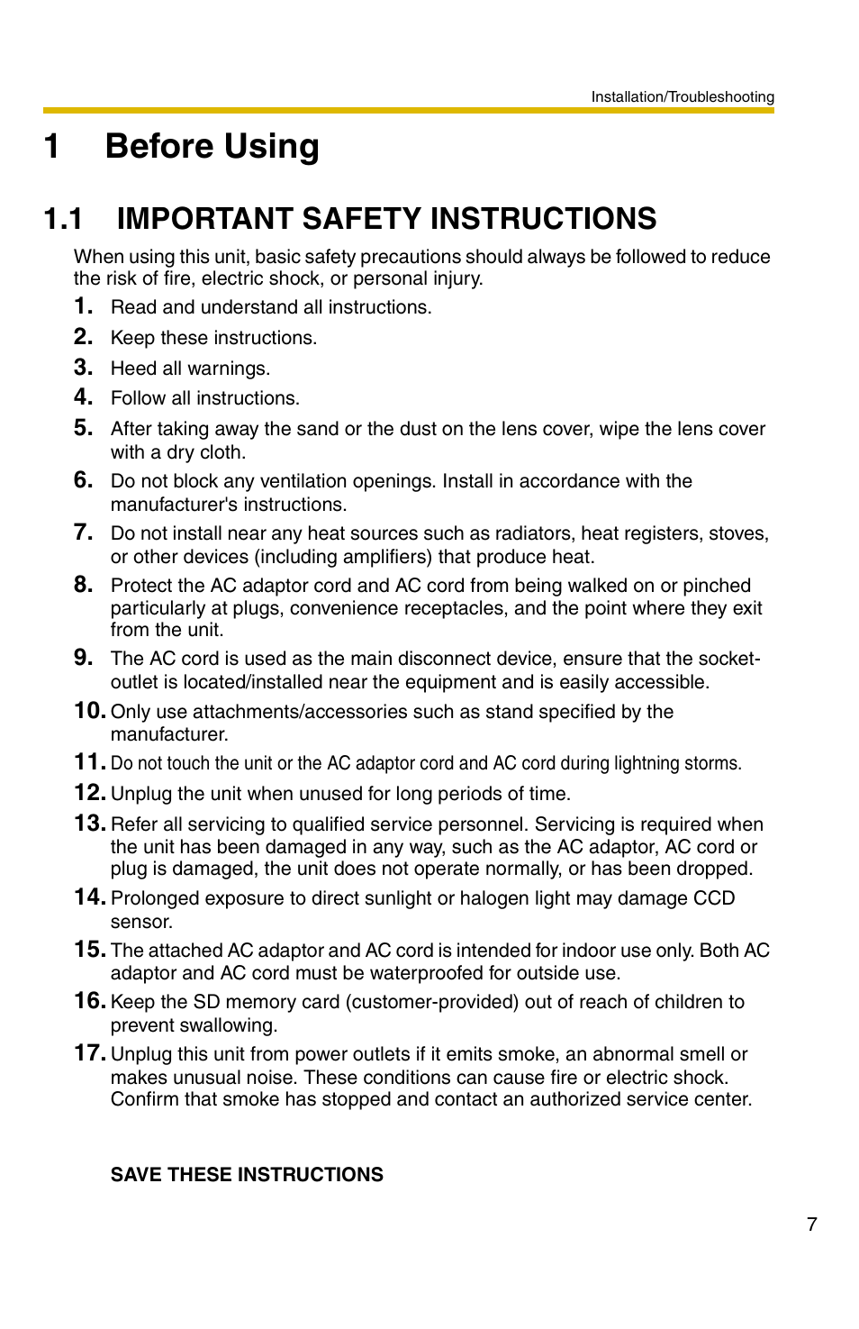 1 before using, 1 important safety instructions, 1before using | Panasonic BB-HCM331 User Manual | Page 7 / 64
