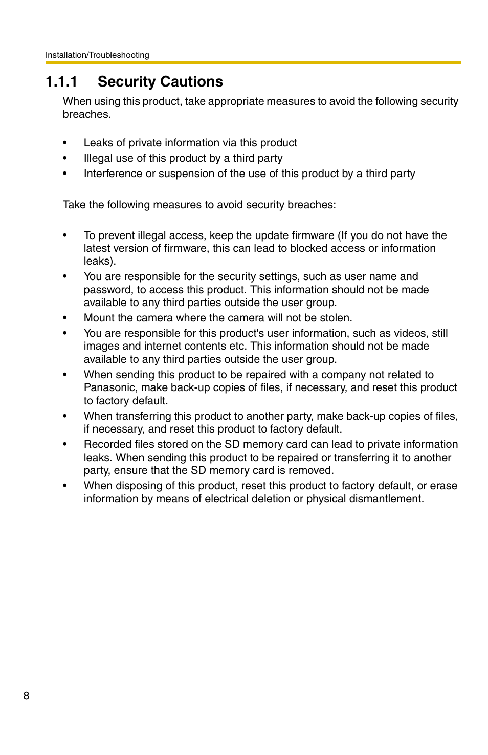 1 security cautions | Panasonic BB-HCM331 User Manual | Page 8 / 64