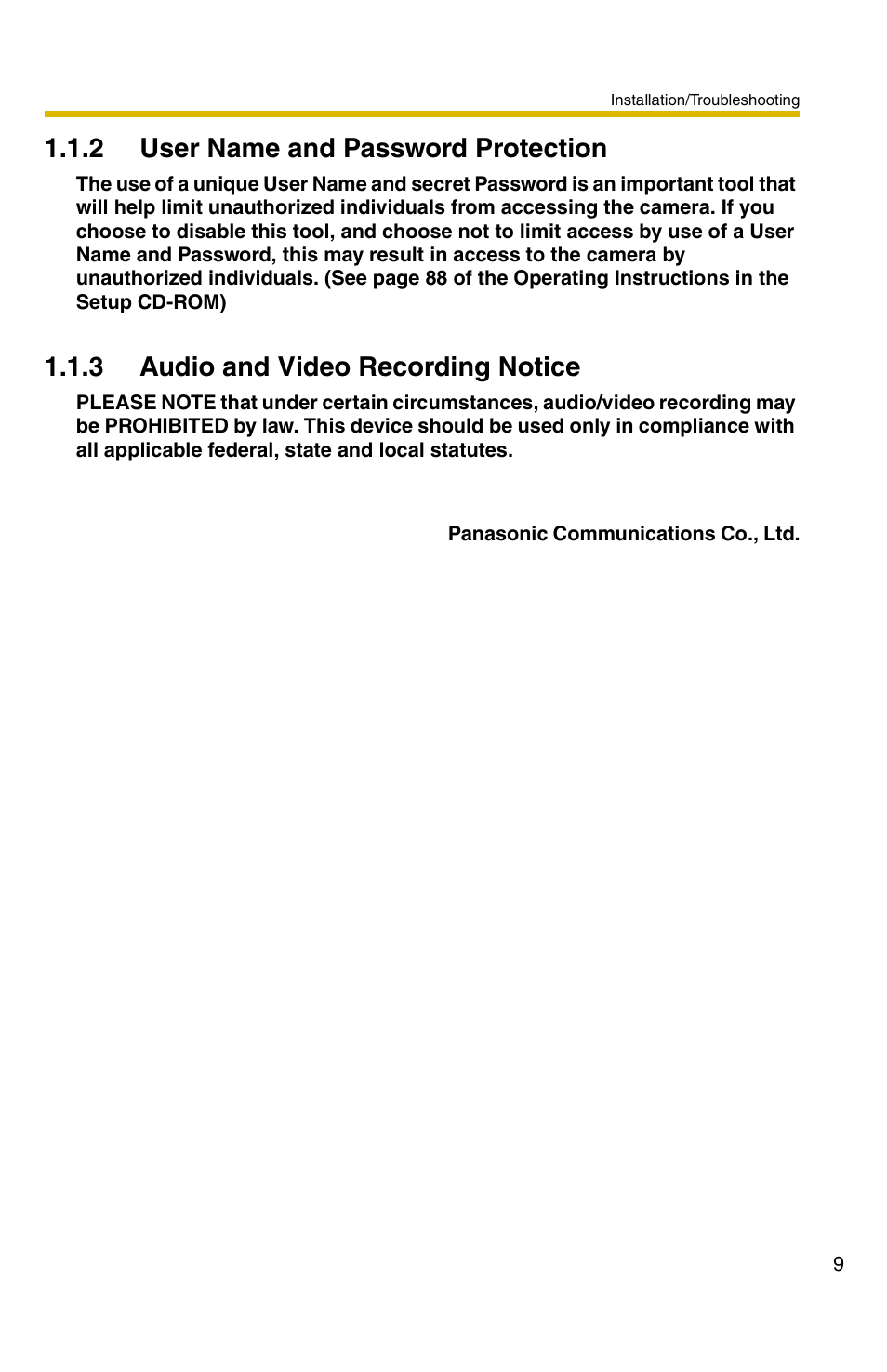 2 user name and password protection, 3 audio and video recording notice | Panasonic BB-HCM331 User Manual | Page 9 / 64