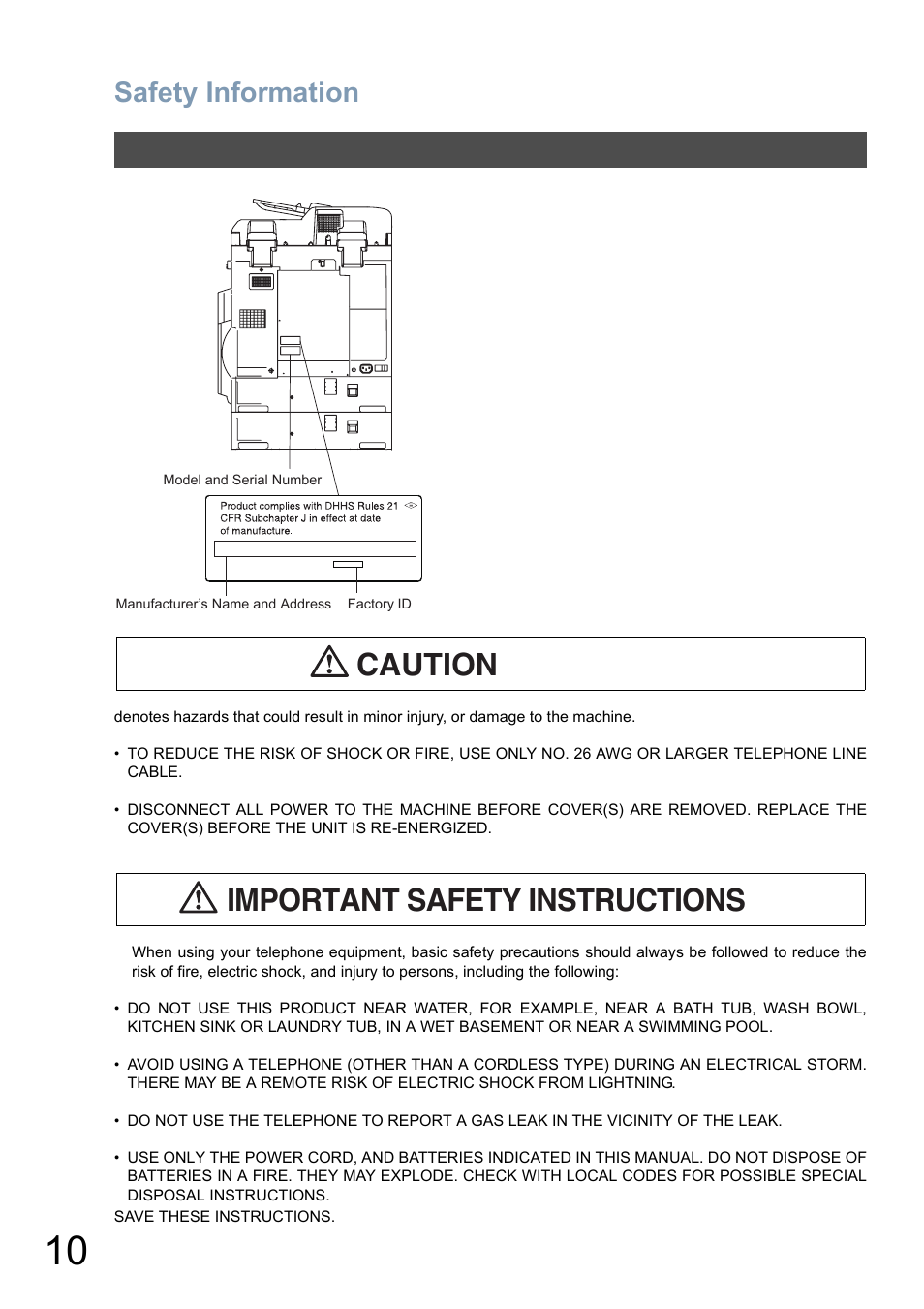 Caution important safety instructions, Safety information | Panasonic DP-8025 User Manual | Page 10 / 240