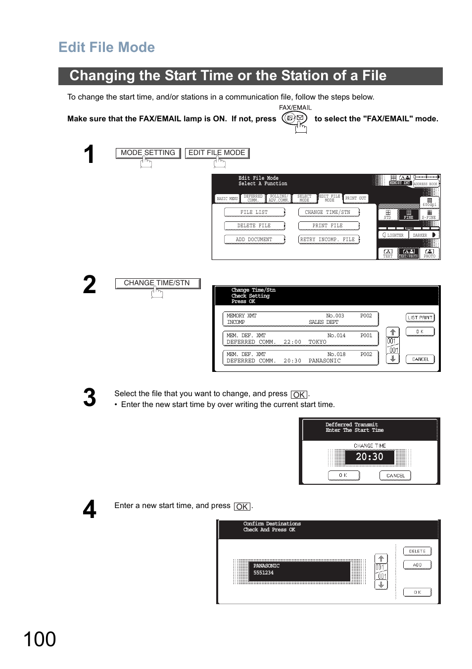 Changing the start time or the station of a file, Edit file mode | Panasonic DP-8025 User Manual | Page 100 / 240