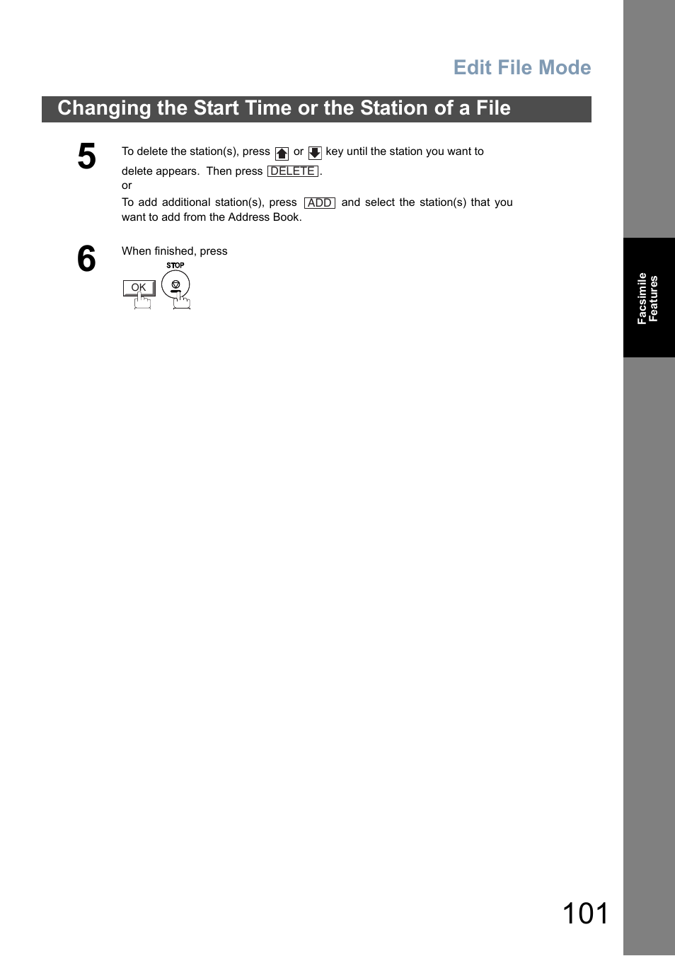 Edit file mode, Changing the start time or the station of a file | Panasonic DP-8025 User Manual | Page 101 / 240