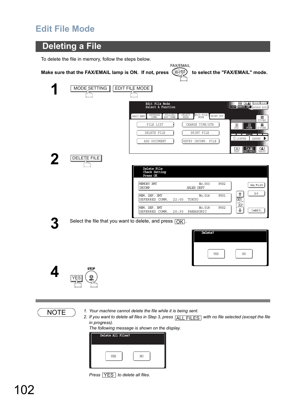 Deleting a file, E 102), Edit file mode | Panasonic DP-8025 User Manual | Page 102 / 240