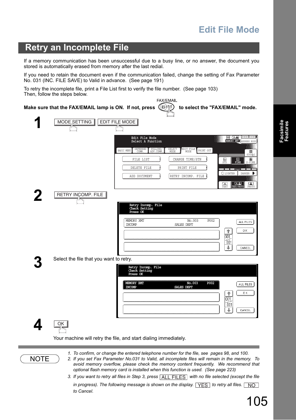 Retry an incomplete file, Ge 105, Edit file mode | Panasonic DP-8025 User Manual | Page 105 / 240