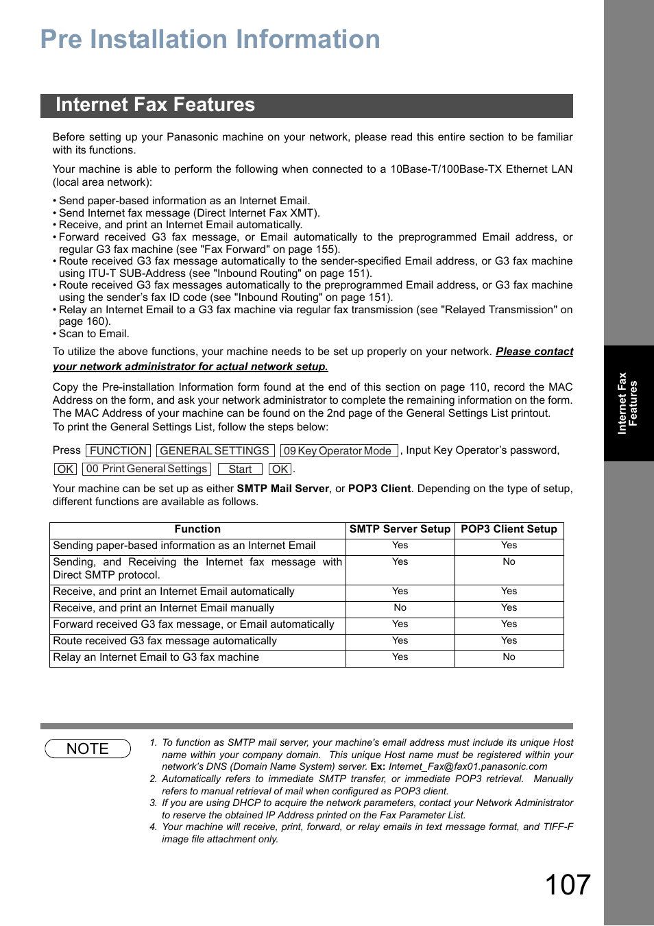 Internet fax features, Pre installation information | Panasonic DP-8025 User Manual | Page 107 / 240