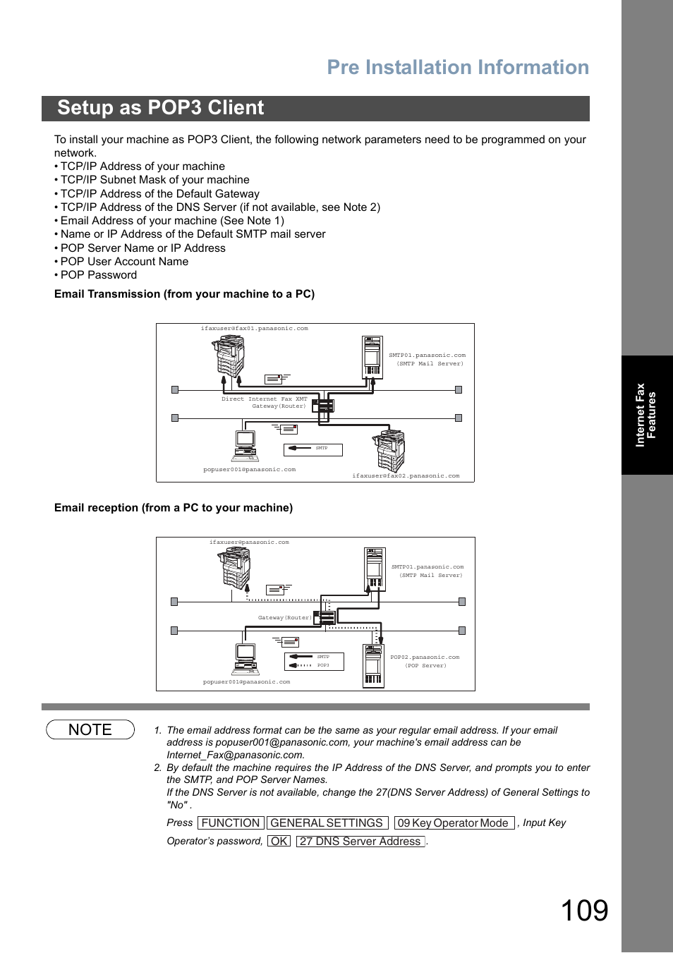 Setup as pop3 client, Pre installation information | Panasonic DP-8025 User Manual | Page 109 / 240