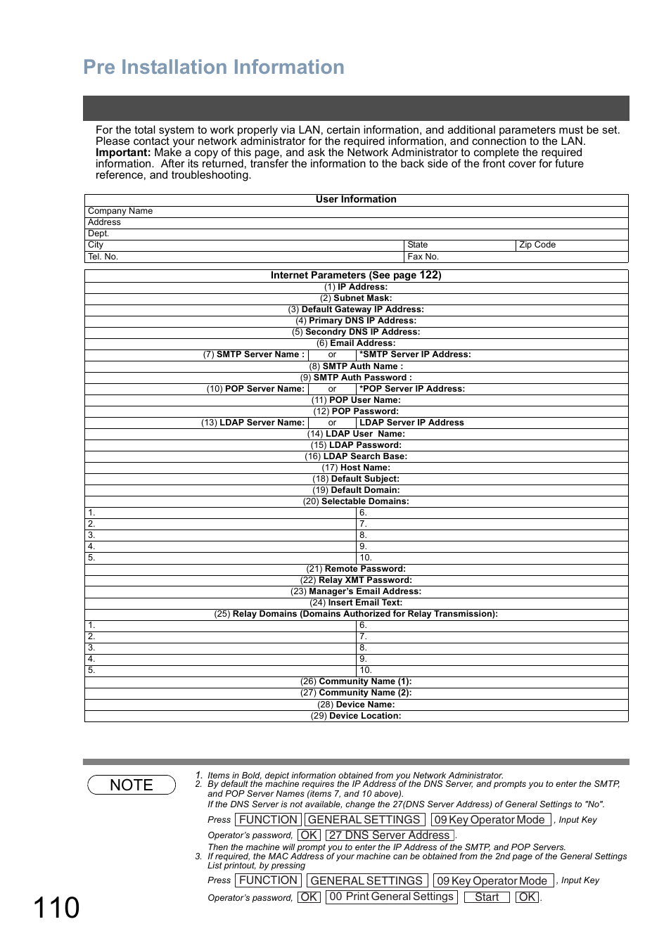 Pre installation information | Panasonic DP-8025 User Manual | Page 110 / 240