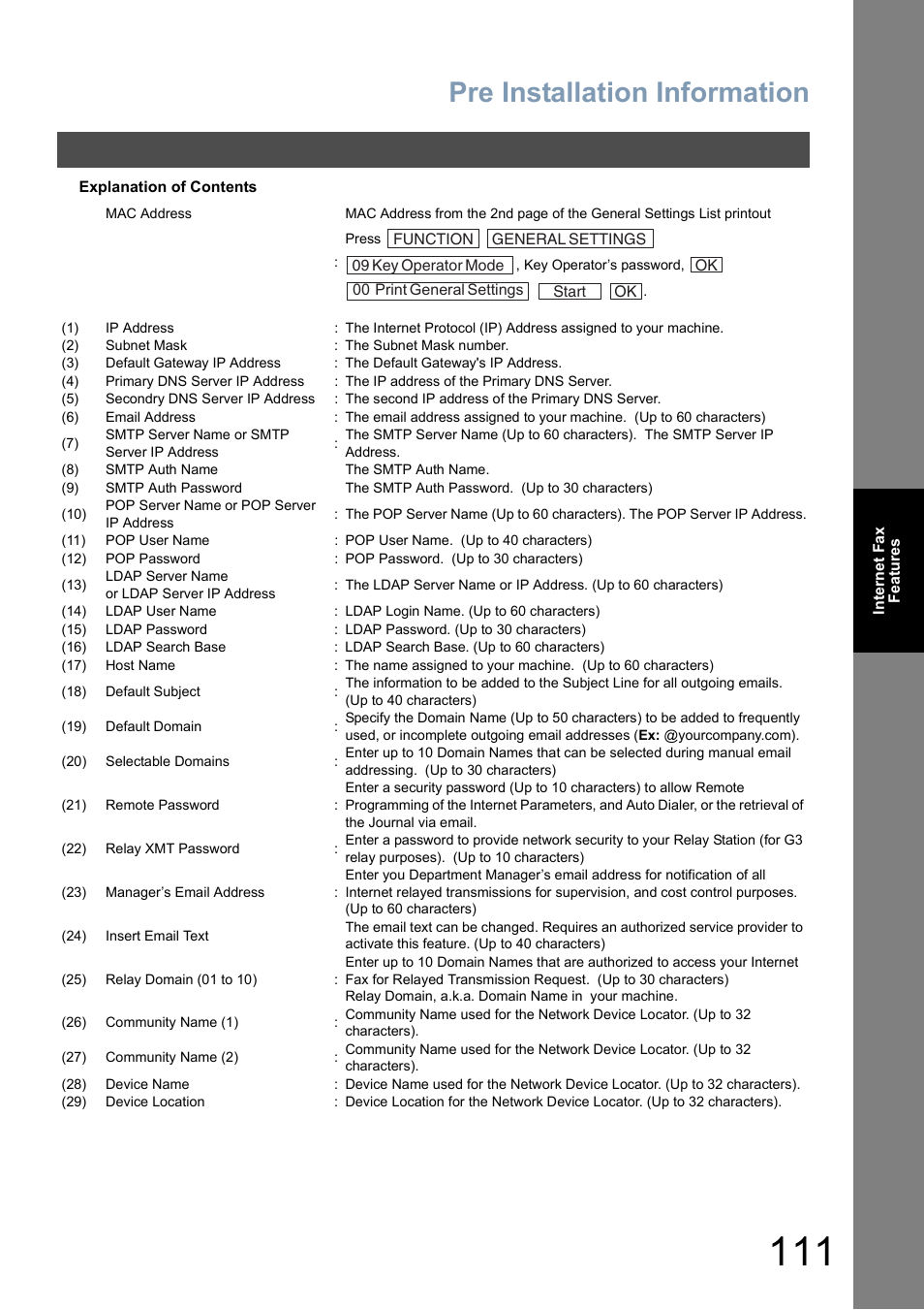 Pre installation information | Panasonic DP-8025 User Manual | Page 111 / 240