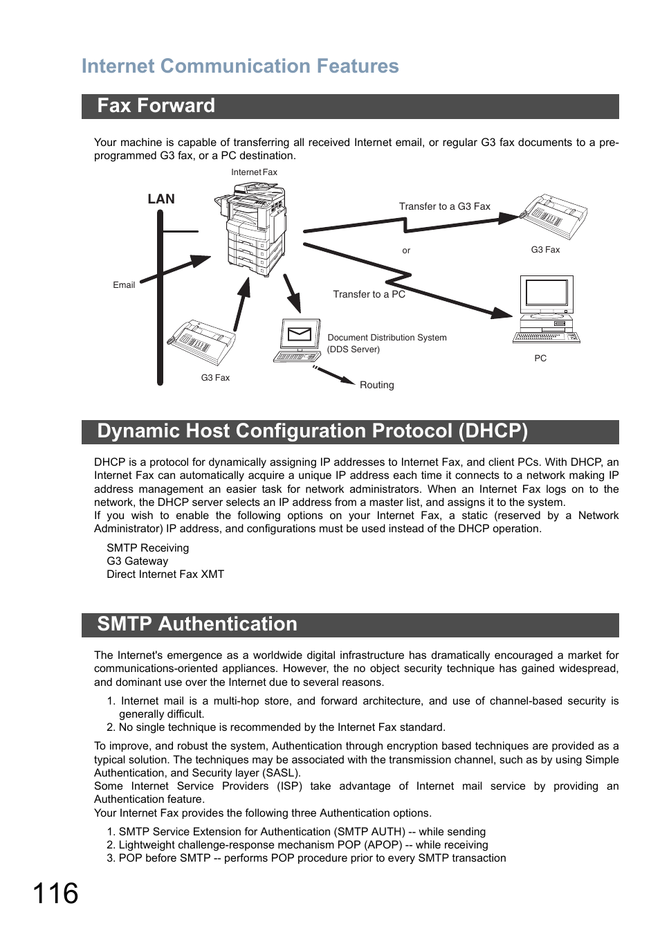Fax forward, Dynamic host configuration protocol (dhcp), Smtp authentication | Internet communication features | Panasonic DP-8025 User Manual | Page 116 / 240