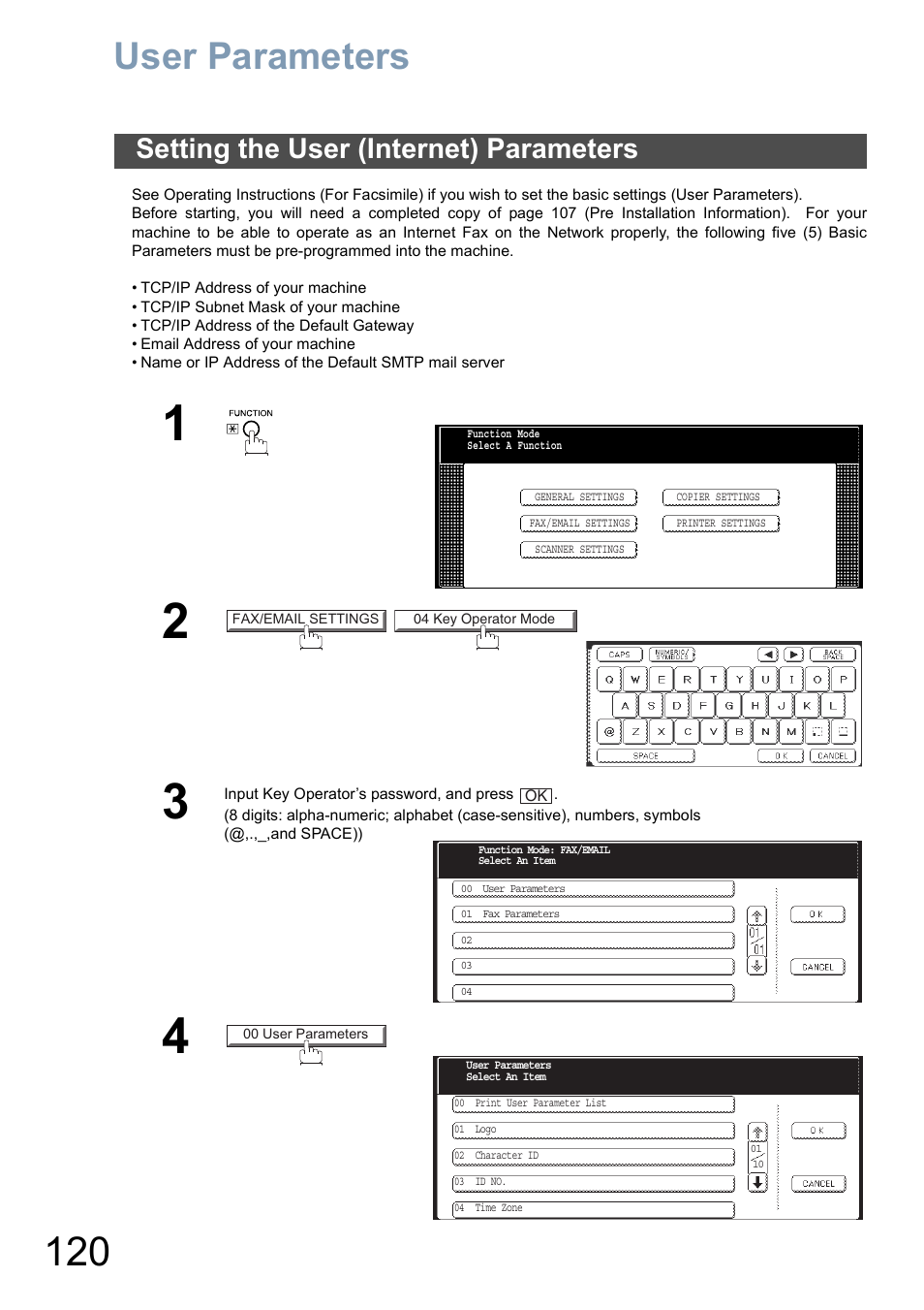 User parameters, Setting the user (internet) parameters | Panasonic DP-8025 User Manual | Page 120 / 240