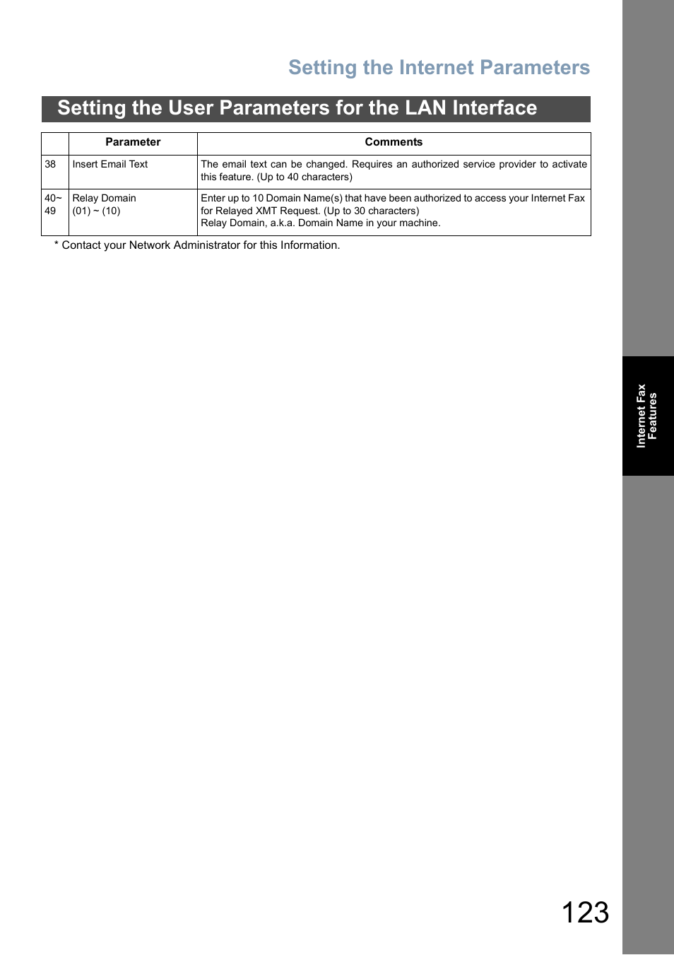Setting the internet parameters, Setting the user parameters for the lan interface | Panasonic DP-8025 User Manual | Page 123 / 240