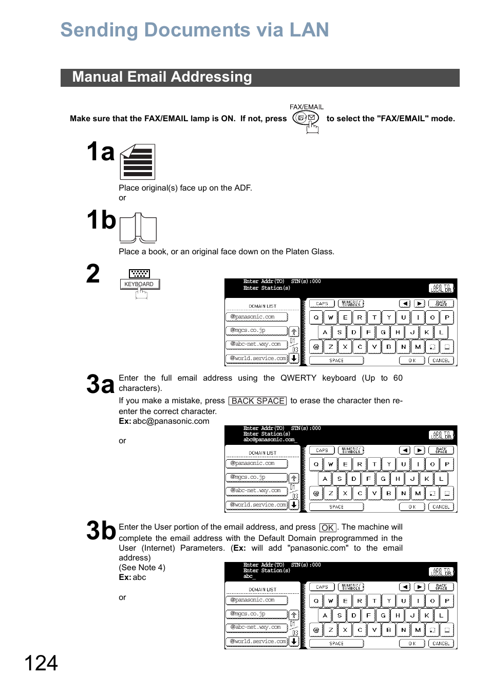 Sending documents via lan, Manual email addressing | Panasonic DP-8025 User Manual | Page 124 / 240