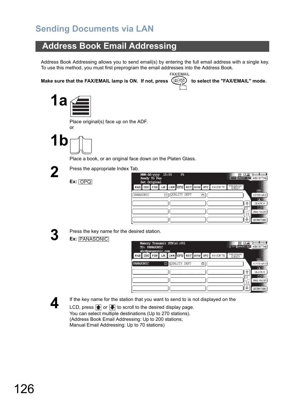 Address book email addressing, Sending documents via lan | Panasonic DP-8025 User Manual | Page 126 / 240