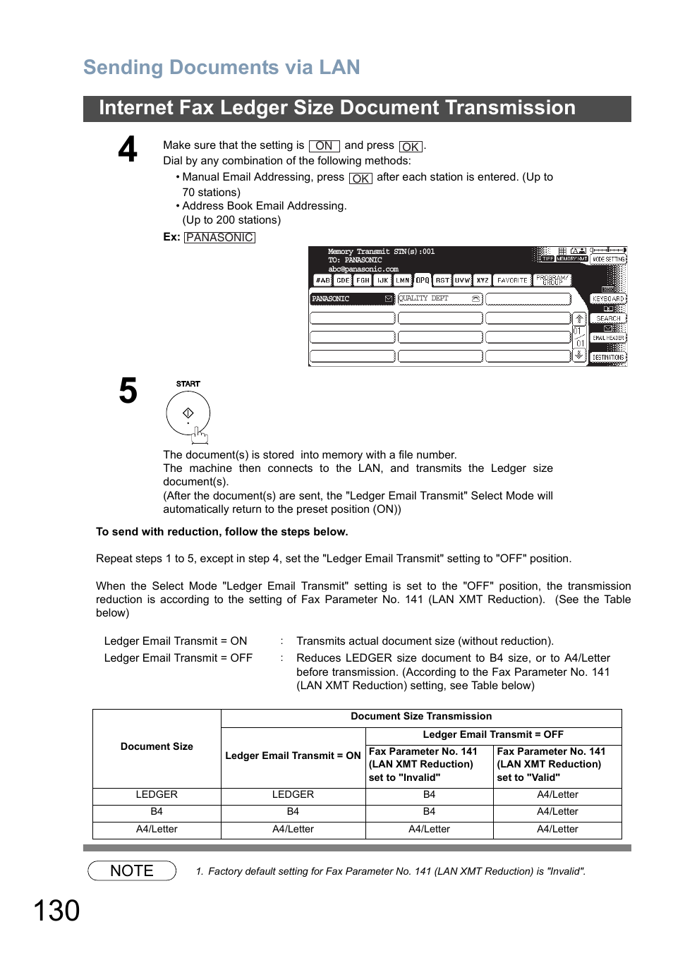 Sending documents via lan, Internet fax ledger size document transmission | Panasonic DP-8025 User Manual | Page 130 / 240