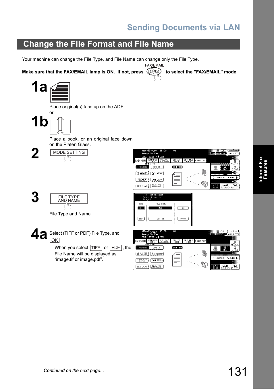 Change the file format and file name, D 131), Sending documents via lan | Panasonic DP-8025 User Manual | Page 131 / 240