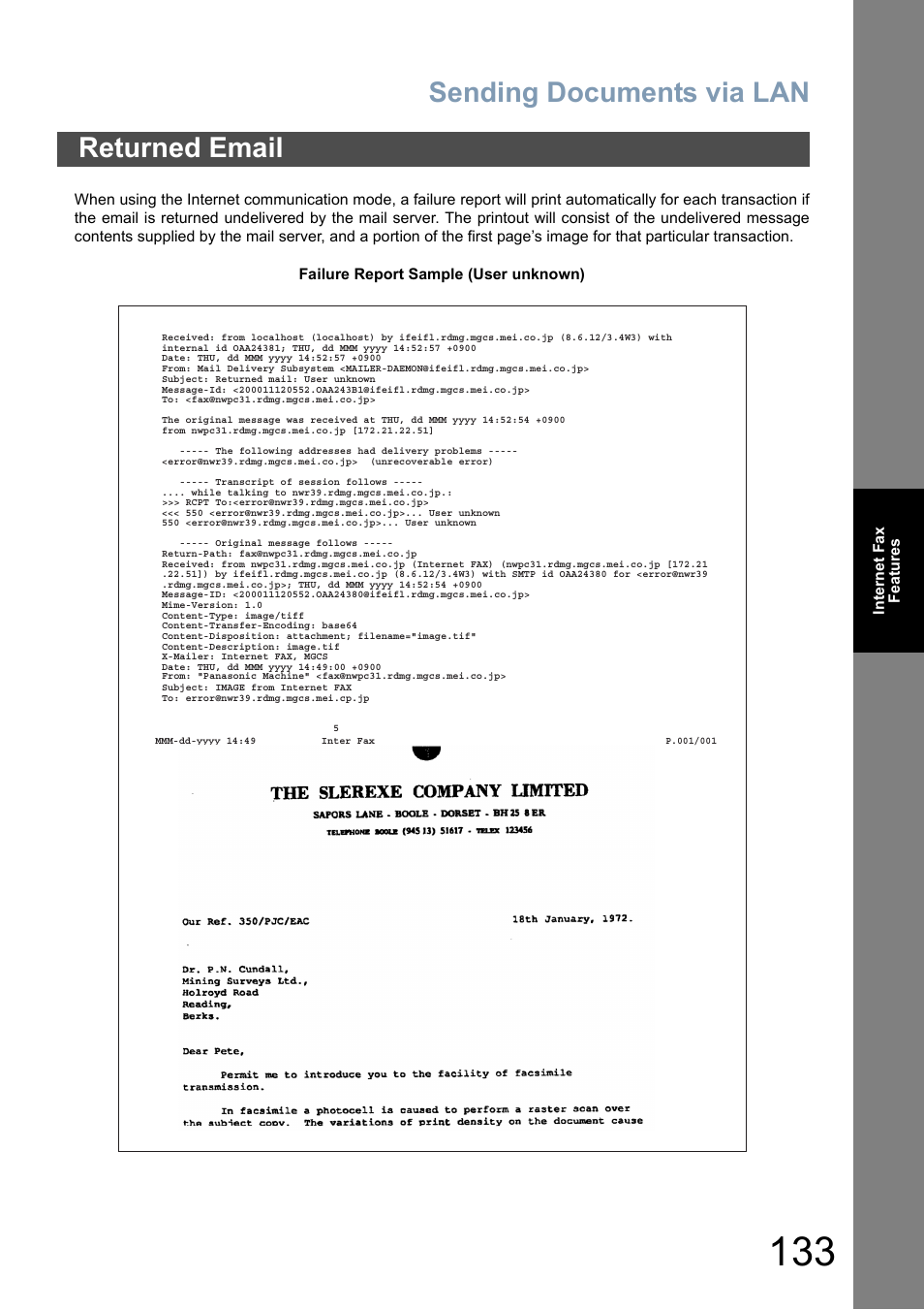 Returned email, Sending documents via lan | Panasonic DP-8025 User Manual | Page 133 / 240