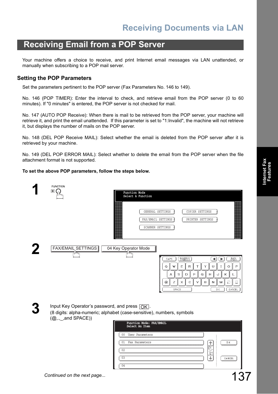 Receiving email from a pop server, Receiving documents via lan | Panasonic DP-8025 User Manual | Page 137 / 240
