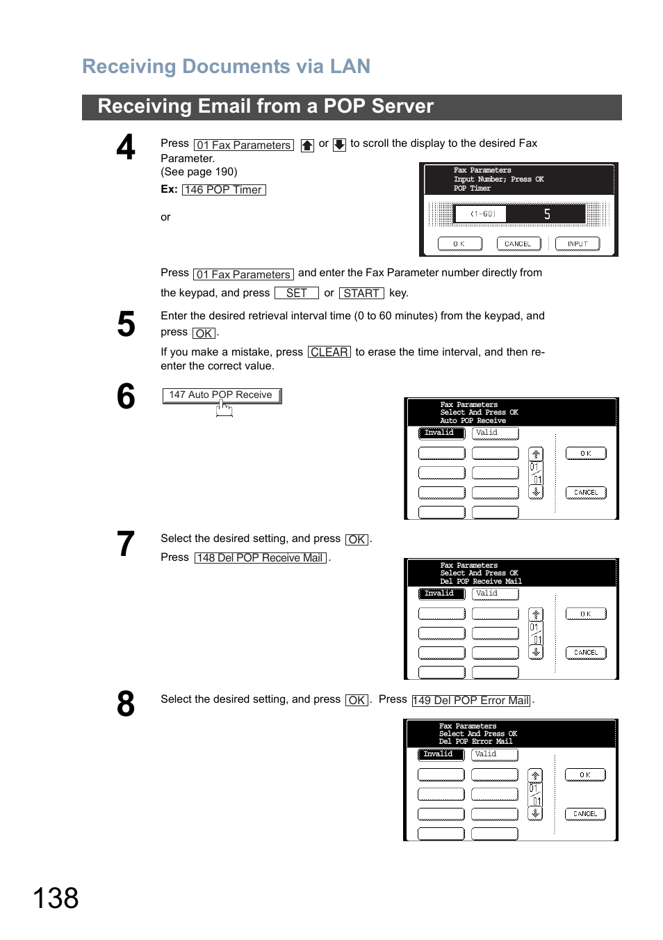 Receiving documents via lan, Receiving email from a pop server | Panasonic DP-8025 User Manual | Page 138 / 240