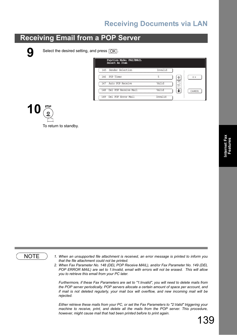 Receiving documents via lan, Receiving email from a pop server | Panasonic DP-8025 User Manual | Page 139 / 240
