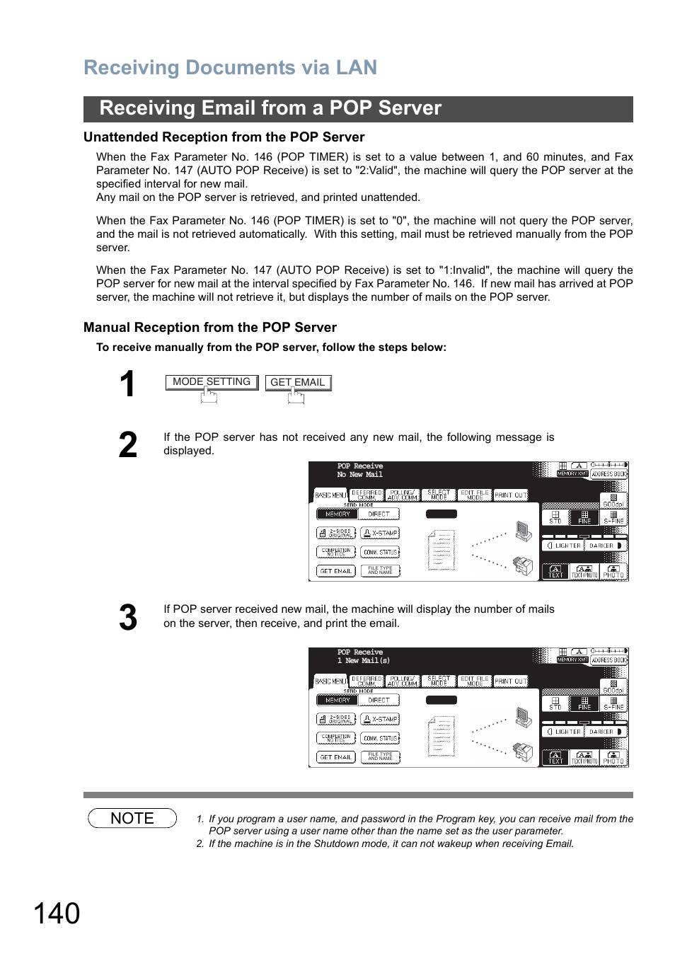Receiving documents via lan, Receiving email from a pop server | Panasonic DP-8025 User Manual | Page 140 / 240