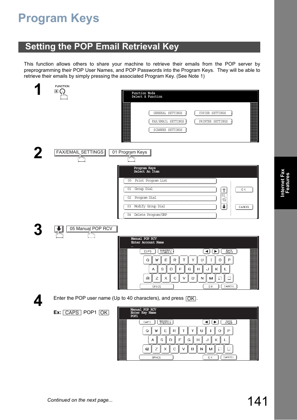 Program keys, Setting the pop email retrieval key | Panasonic DP-8025 User Manual | Page 141 / 240
