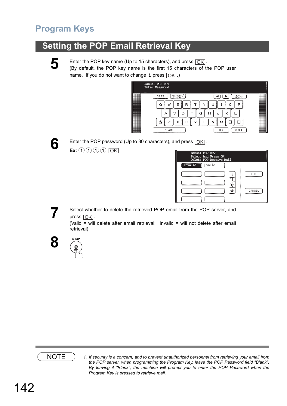 Program keys, Setting the pop email retrieval key | Panasonic DP-8025 User Manual | Page 142 / 240