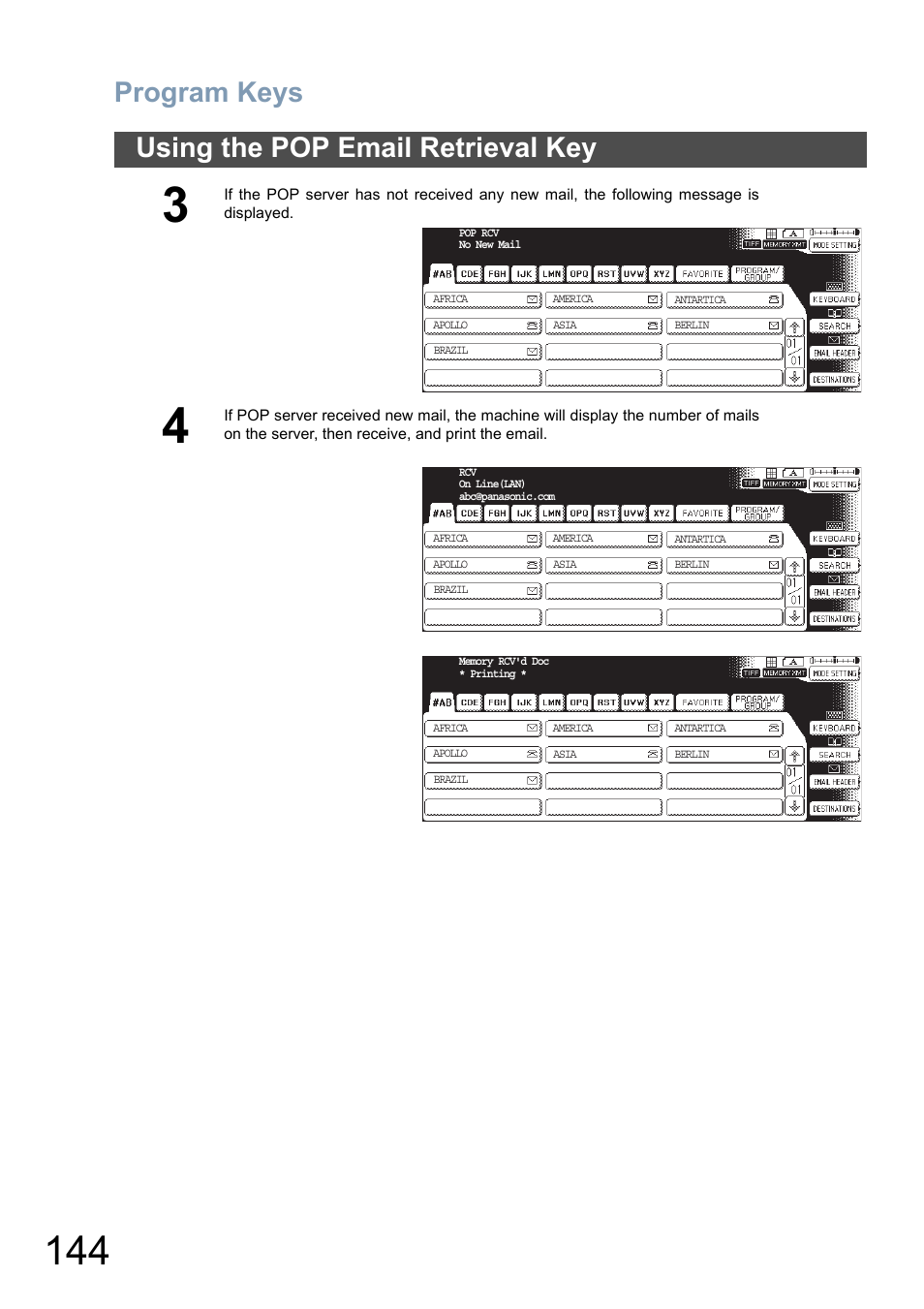 Program keys, Using the pop email retrieval key | Panasonic DP-8025 User Manual | Page 144 / 240