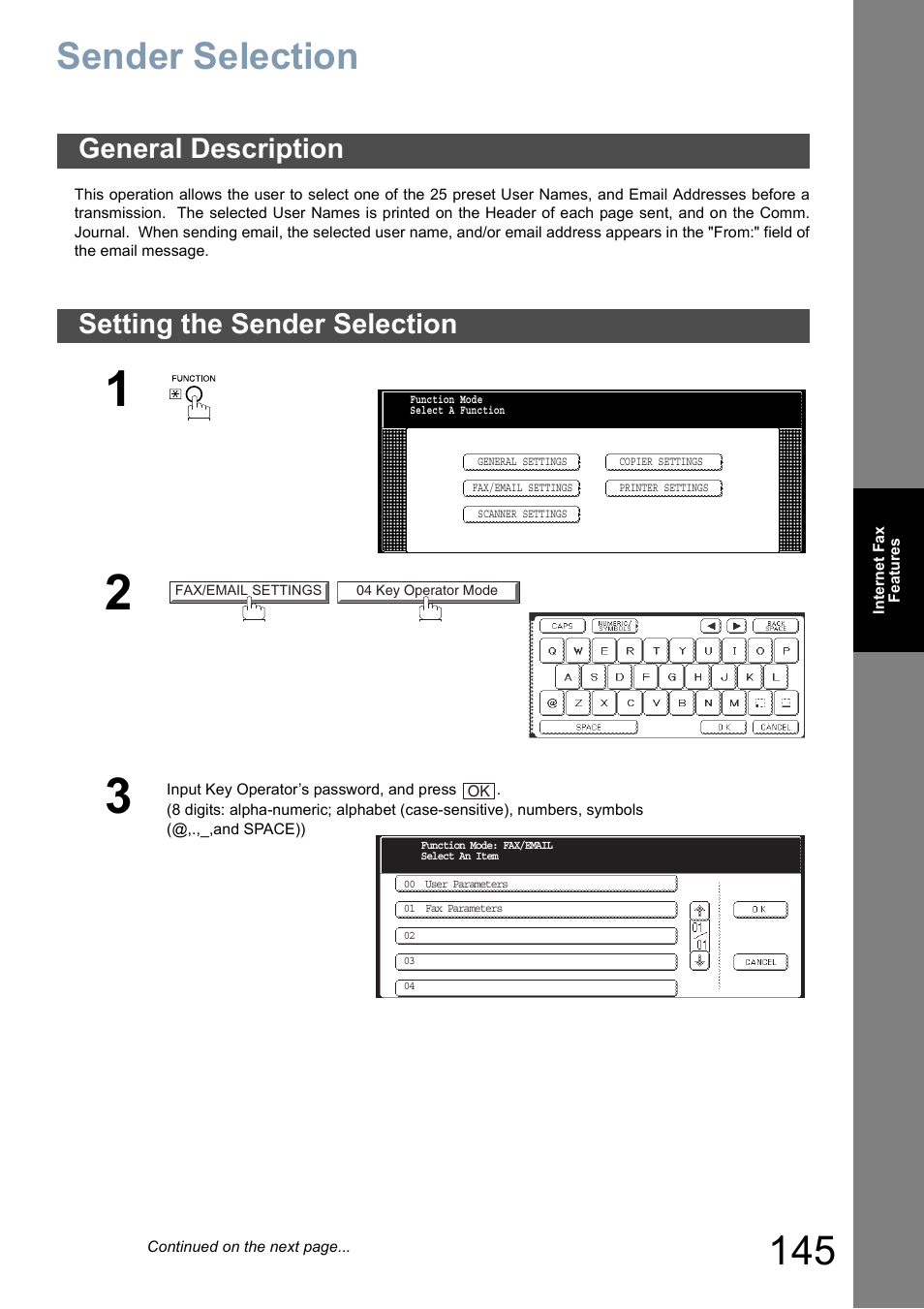 Sender selection, General description, Setting the sender selection | General description setting the sender selection | Panasonic DP-8025 User Manual | Page 145 / 240