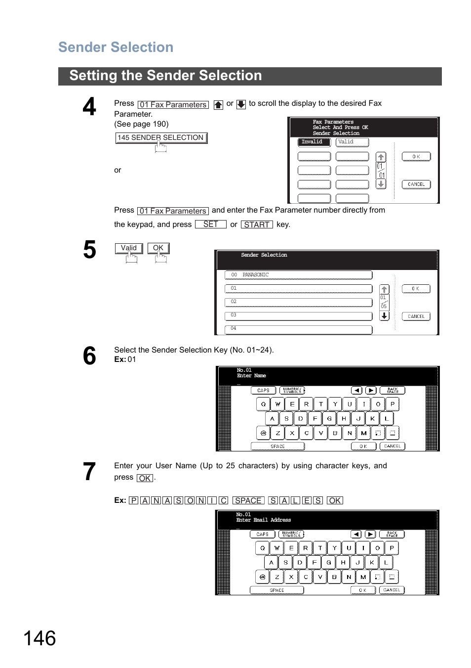 Sender selection, Setting the sender selection | Panasonic DP-8025 User Manual | Page 146 / 240